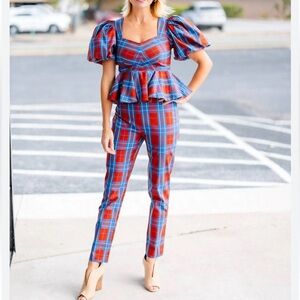 Hunter Bell Plaid Caia top with Puff Sleeves-xs, matching Carson pant size 0,NWT